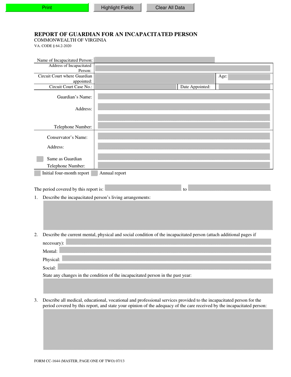 Form CC-1644 Download Fillable PDF or Fill Online Report of Guardian ...