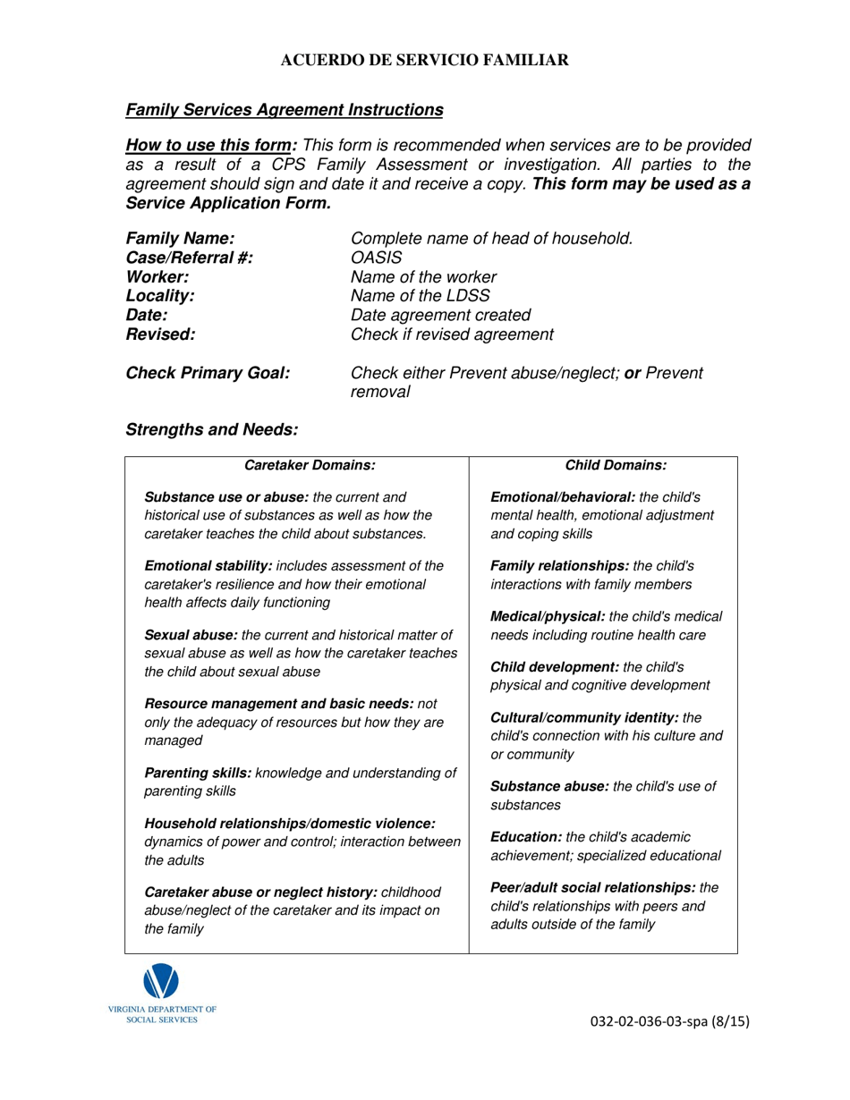 Form 032-02-036-03-SPA Family Service Agreement - Virginia (English / Spanish), Page 1