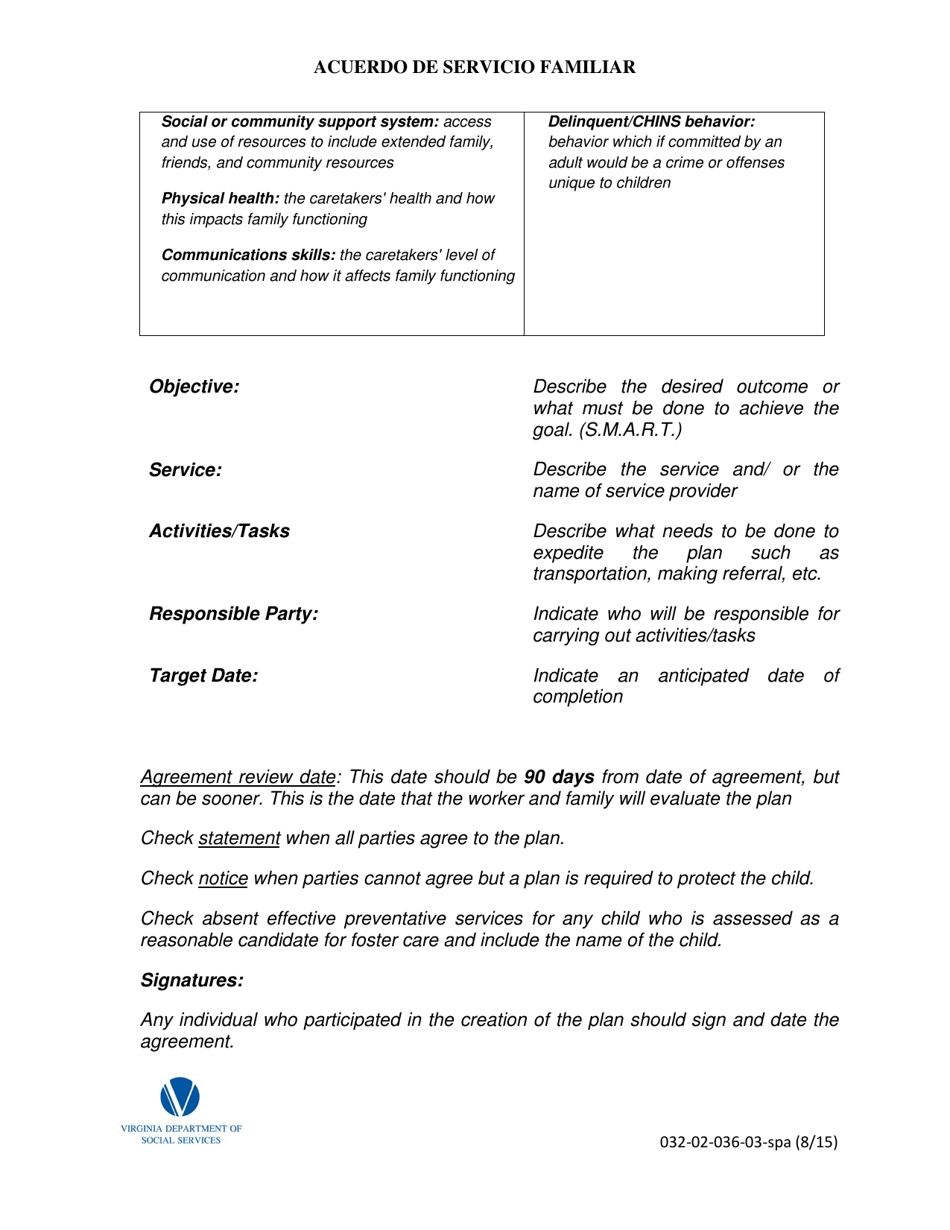 Form 032-02-036-03-SPA Family Service Agreement - Virginia (English / Spanish), Page 2