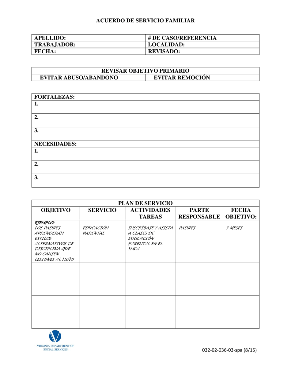 Form 032-02-036-03-SPA Family Service Agreement - Virginia (English / Spanish), Page 3