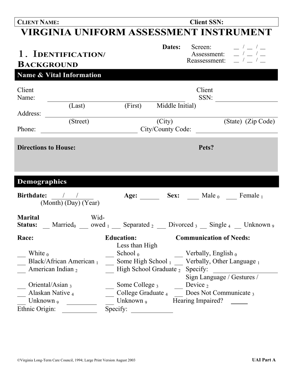 Virginia Uniform Assessment Instrument - Virginia, Page 1