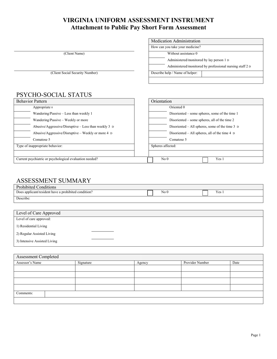 Form 032-02-0170-00-ENG Virginia Uniform Assessment Instrument Attachment to Public Pay Short Form Assessment - Virginia, Page 1