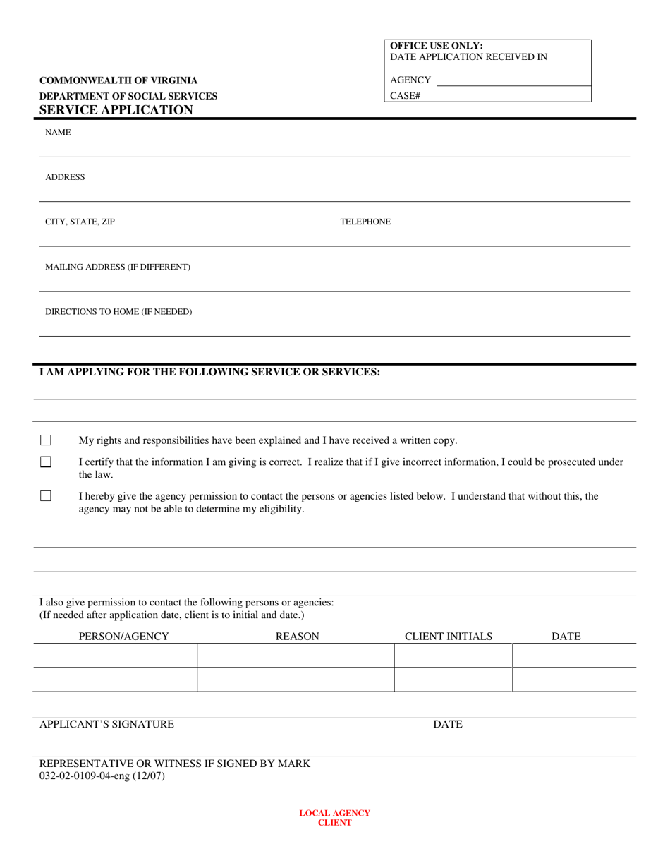 Form 032-02-0109-04-ENG Service Application - Virginia, Page 1