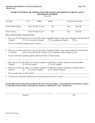 Document preview: Form 032-05-0973-00-ENG Sworn Statement or Affirmation for Foster and Adoptive Parents, Adult Household Members - Virginia