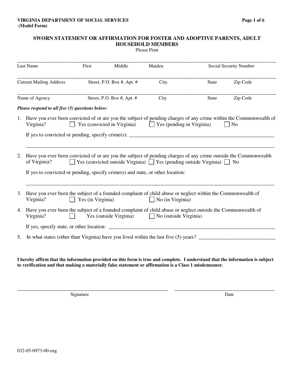 Form 032-05-0973-00-ENG Sworn Statement or Affirmation for Foster and Adoptive Parents, Adult Household Members - Virginia, Page 1