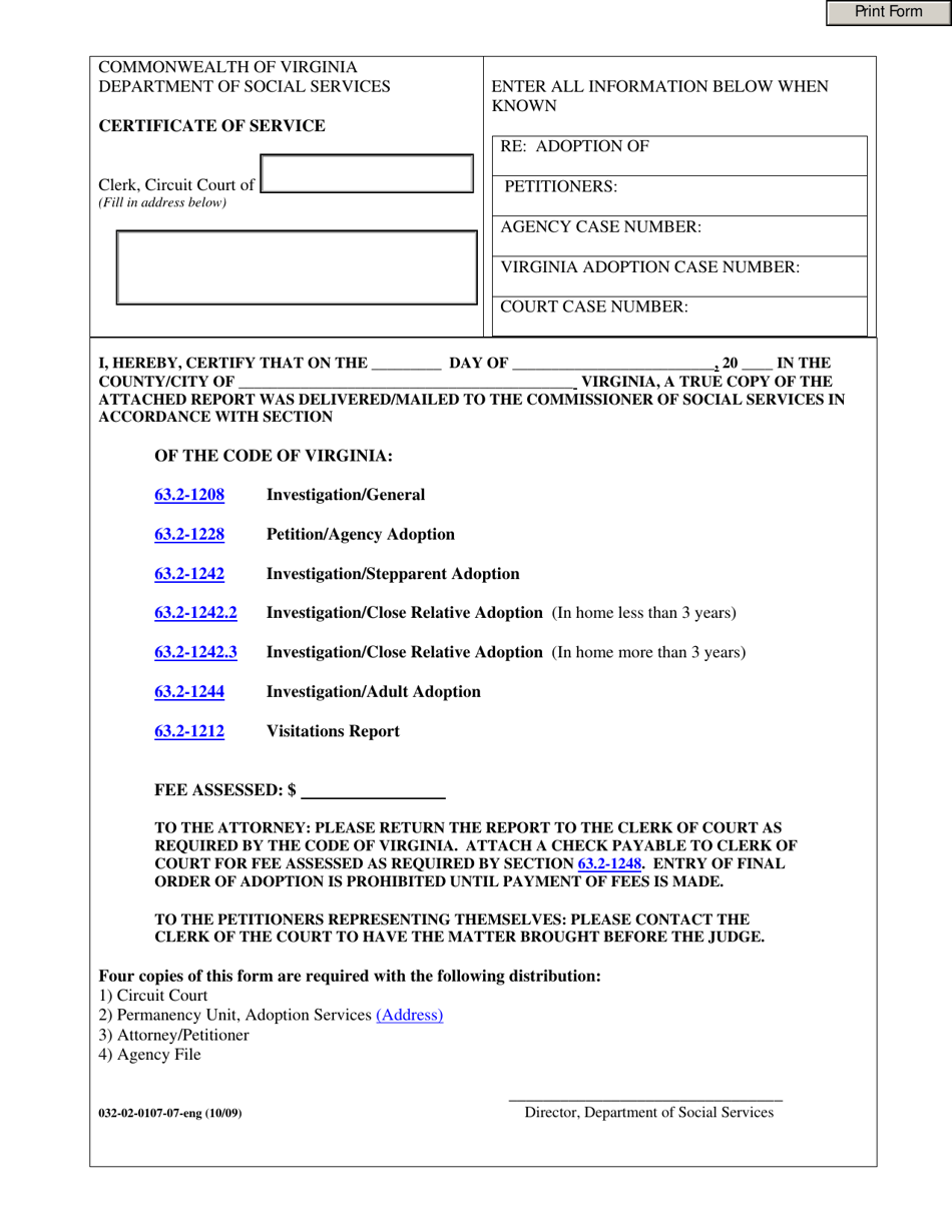 Form 032-02-0107-07-ENG Certificate of Service - Virginia, Page 1