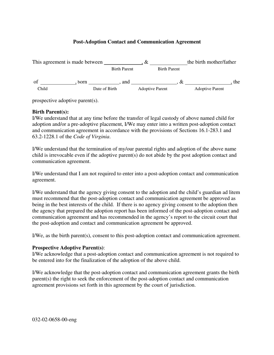 Form 032-02-0658-00-ENG Post Adoption Contact and Communication Agreement - Virginia, Page 1