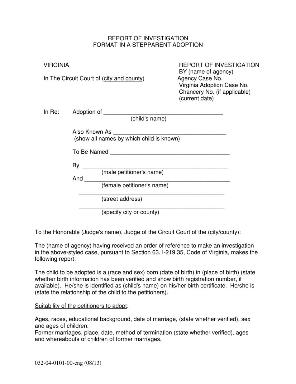 Form 032-04-0101-00-ENG Report of Investigation - Stepparent Adoption - Virginia, Page 1
