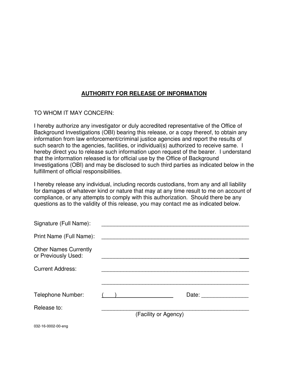 Form 032-16-0002-00-ENG Authority for Release of Information - Virginia, Page 1
