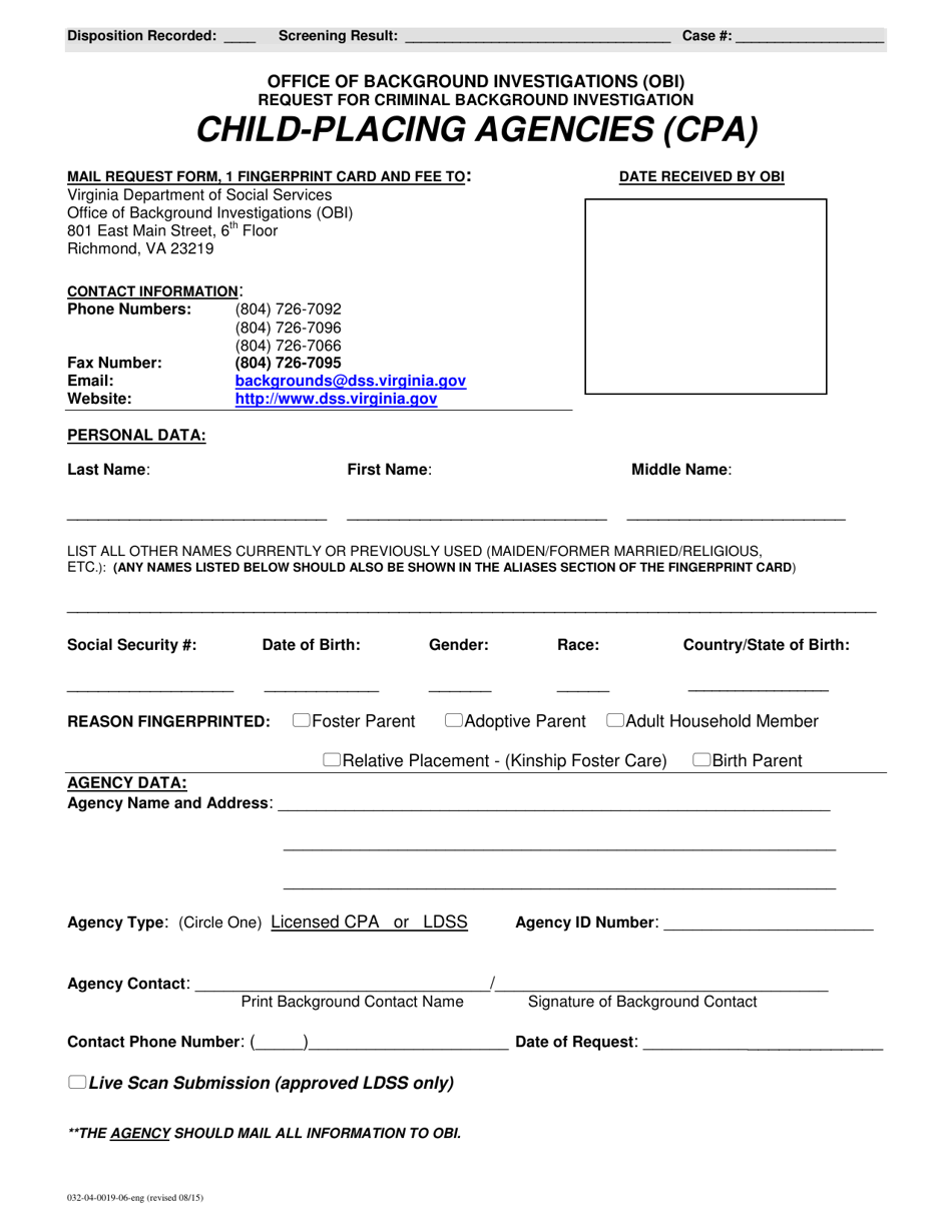Form 032-04-0019-06-ENG Request for Criminal Background Investigation - Virginia, Page 1
