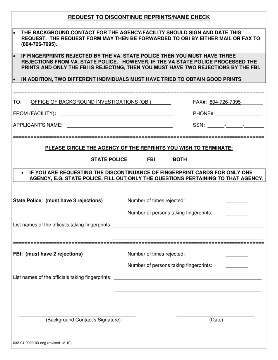 Form 032-04-0020-03-ENG Request to Discontinue Reprints / Name Check - Virginia, Page 1