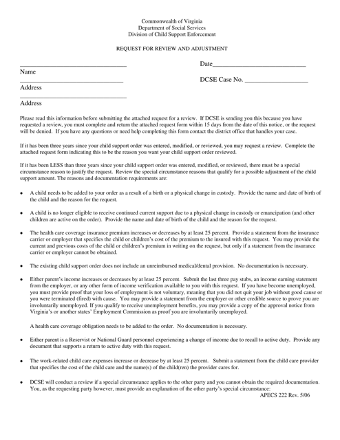 Form APECS222 Request for Review and Adjustment - Virginia