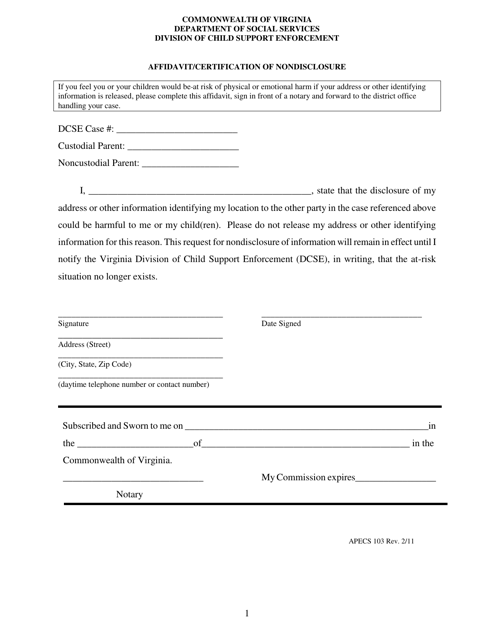 Form APECS103 Affidavit/Certification of Nondisclosure - Virginia