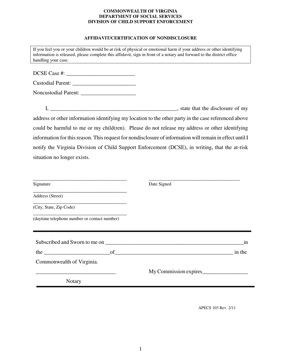 Form APECS103 Affidavit / Certification of Nondisclosure - Virginia, Page 1