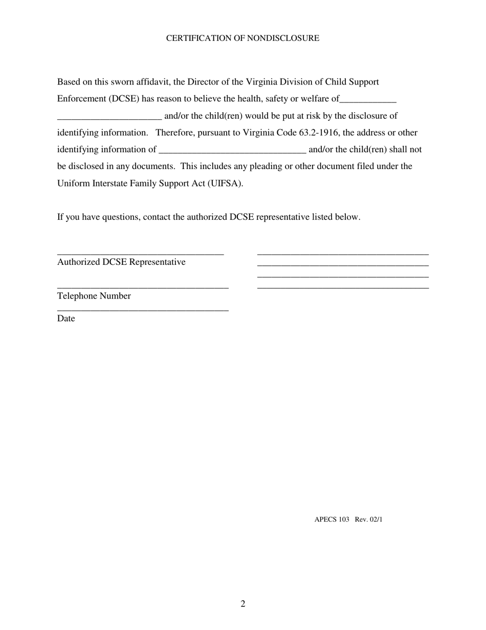 Form APECS103 Affidavit / Certification of Nondisclosure - Virginia, Page 2