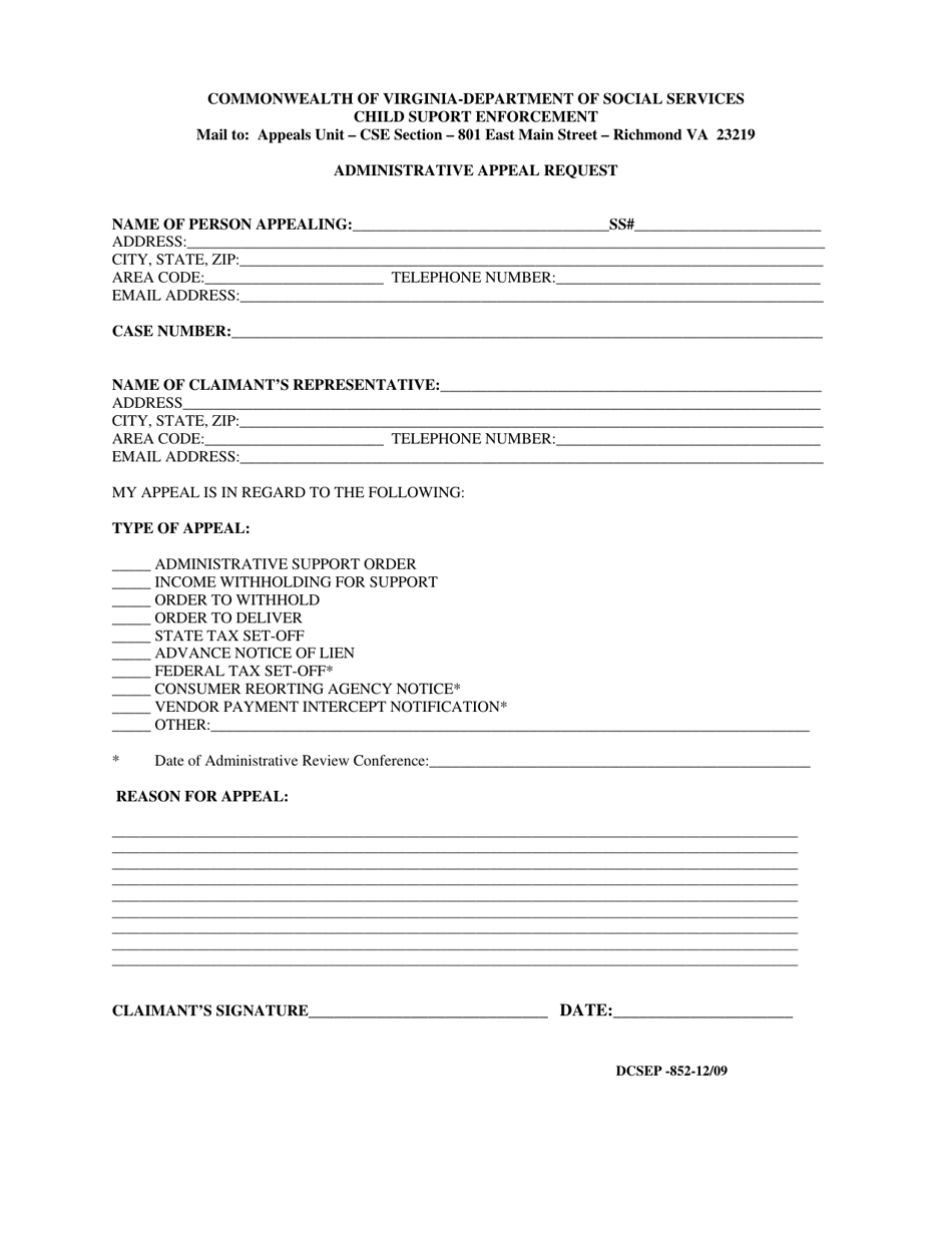 Form DCSEP-852 Administrative Appeal Request - Virginia, Page 1