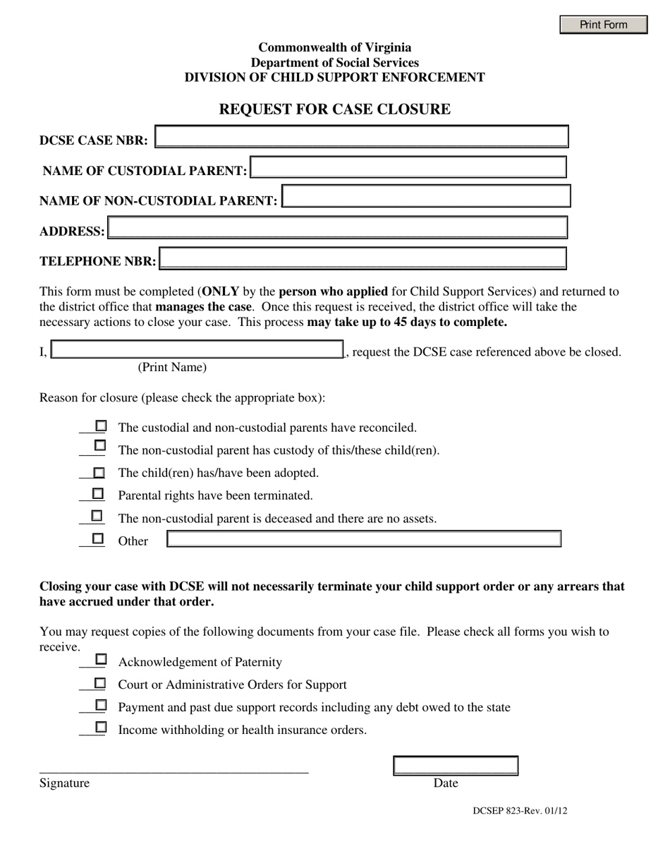 Form DCSEP-823 Request for Case Closure - Virginia, Page 1