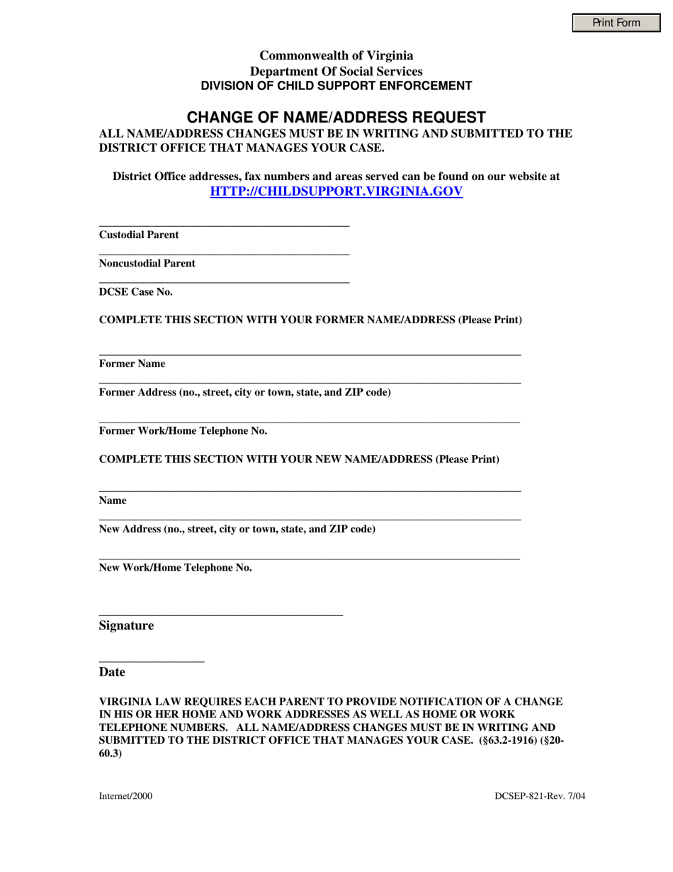 Form DCSEP-821 Change of Name / Address Request - Virginia, Page 1
