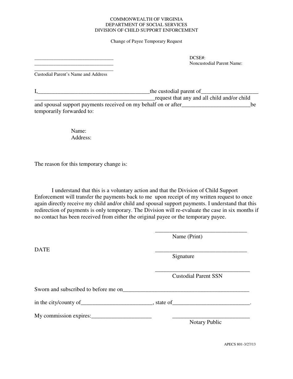 Form APECS801 Change of Payee Temporary Request - Virginia, Page 1