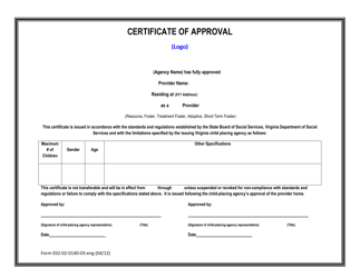 Document preview: Form 032-02-0140-03-ENG Certificate of Approval - Virginia