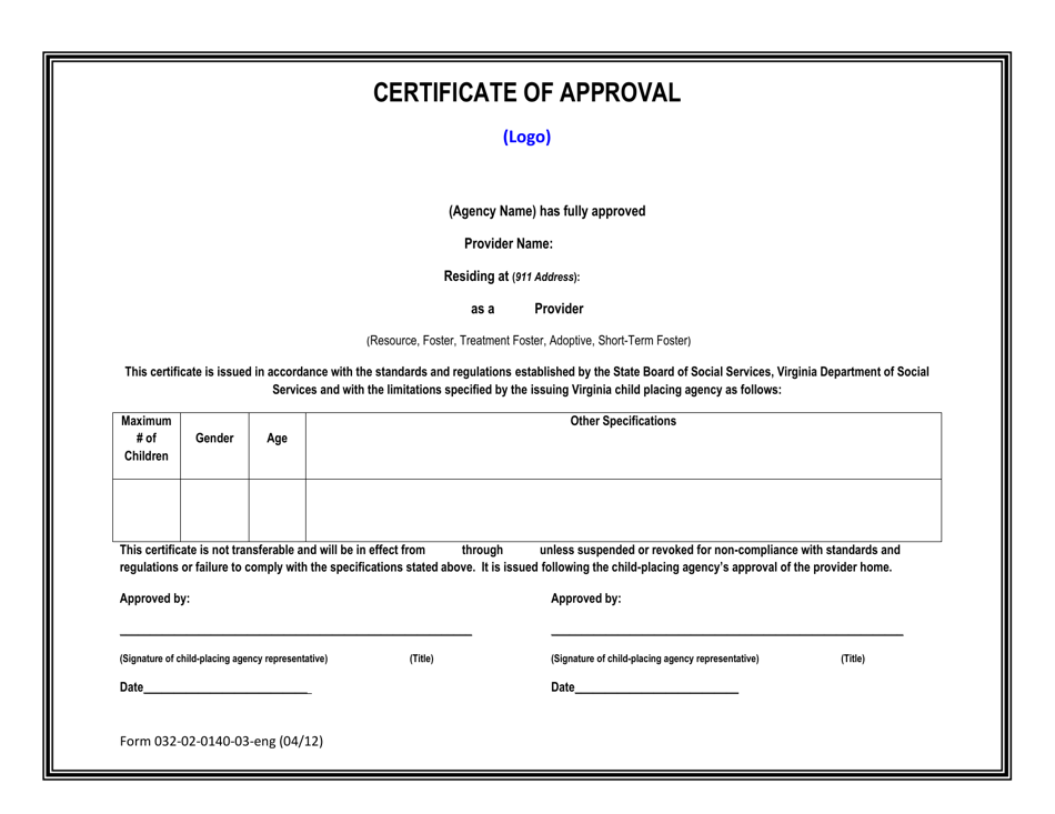 Form 032-02-0140-03-ENG Certificate of Approval - Virginia, Page 1