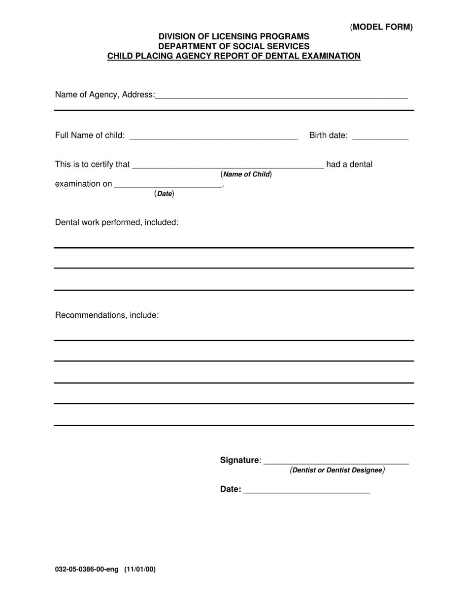 Form 032-05-0386-00-ENG Child Placing Agency Report of Dental Examination - Virginia, Page 1