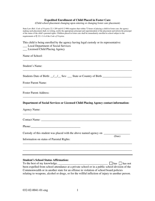Form 032-02-0041-01-ENG Expedited Enrollment of Child Placed in Foster Care - Virginia