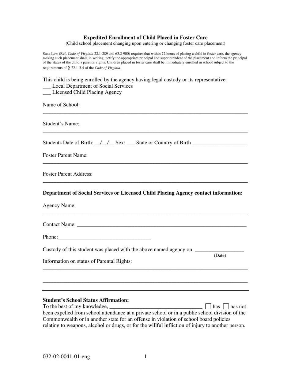 Form 032-02-0041-01-ENG Expedited Enrollment of Child Placed in Foster Care - Virginia, Page 1