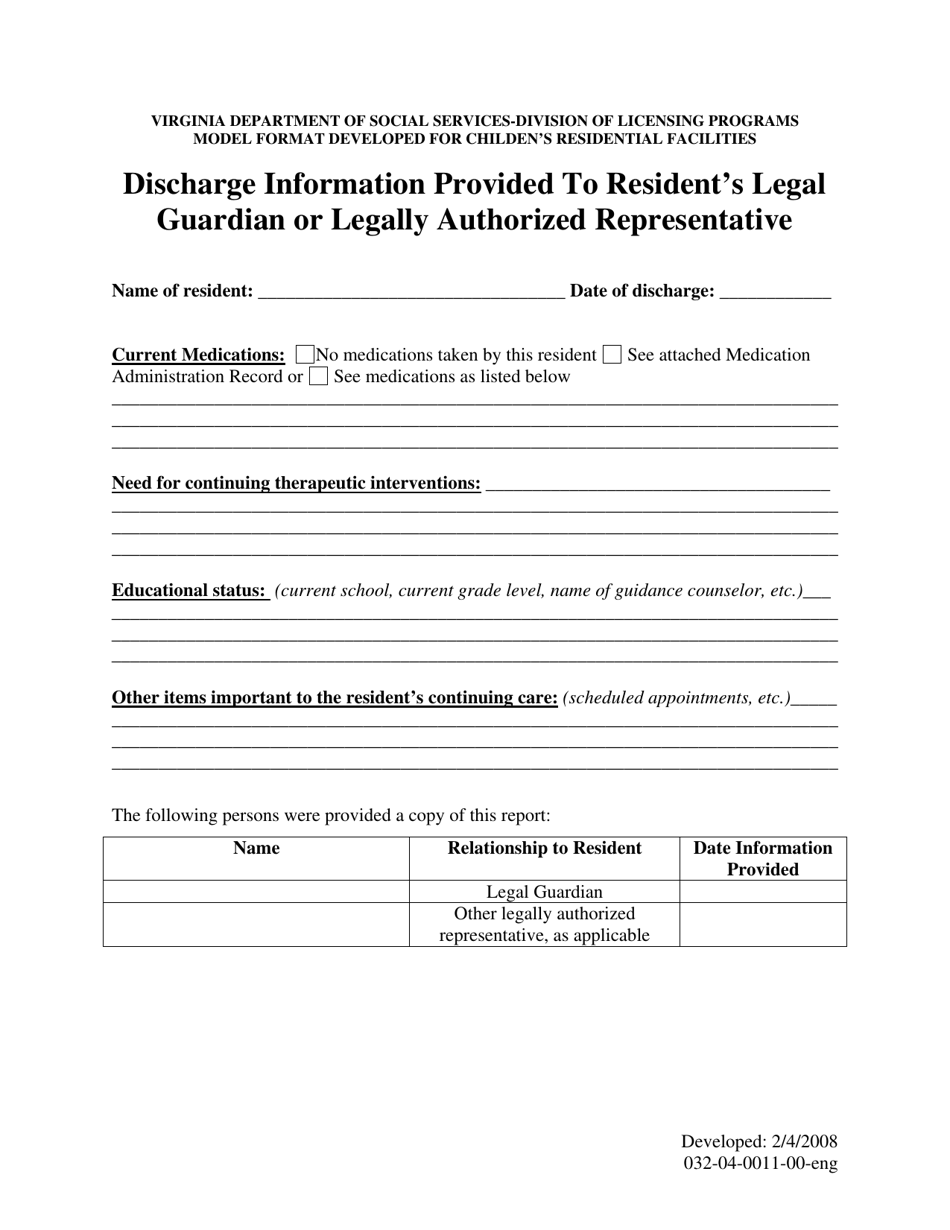 Form 032-04-0011-00-ENG Discharge Information Provided to Residents Legal Guardian or Legally Authorized Representative - Virginia, Page 1