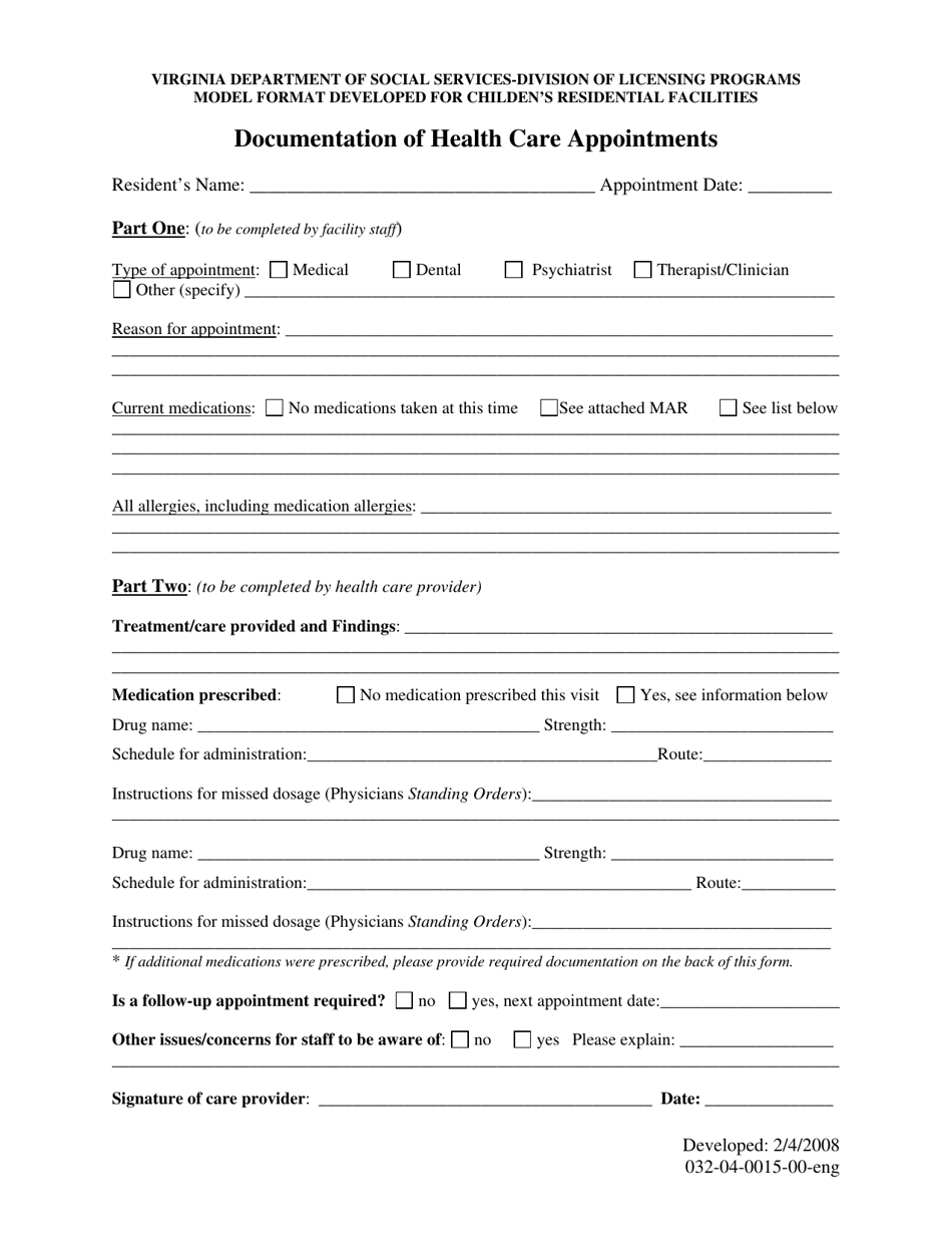 Form 032-04-0015-00-ENG Documentation of Health Care Appointments - Virginia, Page 1