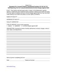 Document preview: Form 032-04-0023-00-ENG Standards for Licensed Children's Residential Facilities (22 Vac 40-151) Self-reporting Form for Lawsuits/Settlements/Criminal Charges Against Staff - Virginia
