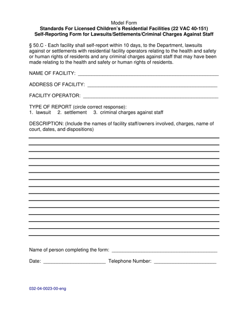 Form 032-04-0023-00-ENG Standards for Licensed Children's Residential Facilities (22 Vac 40-151) Self-reporting Form for Lawsuits/Settlements/Criminal Charges Against Staff - Virginia