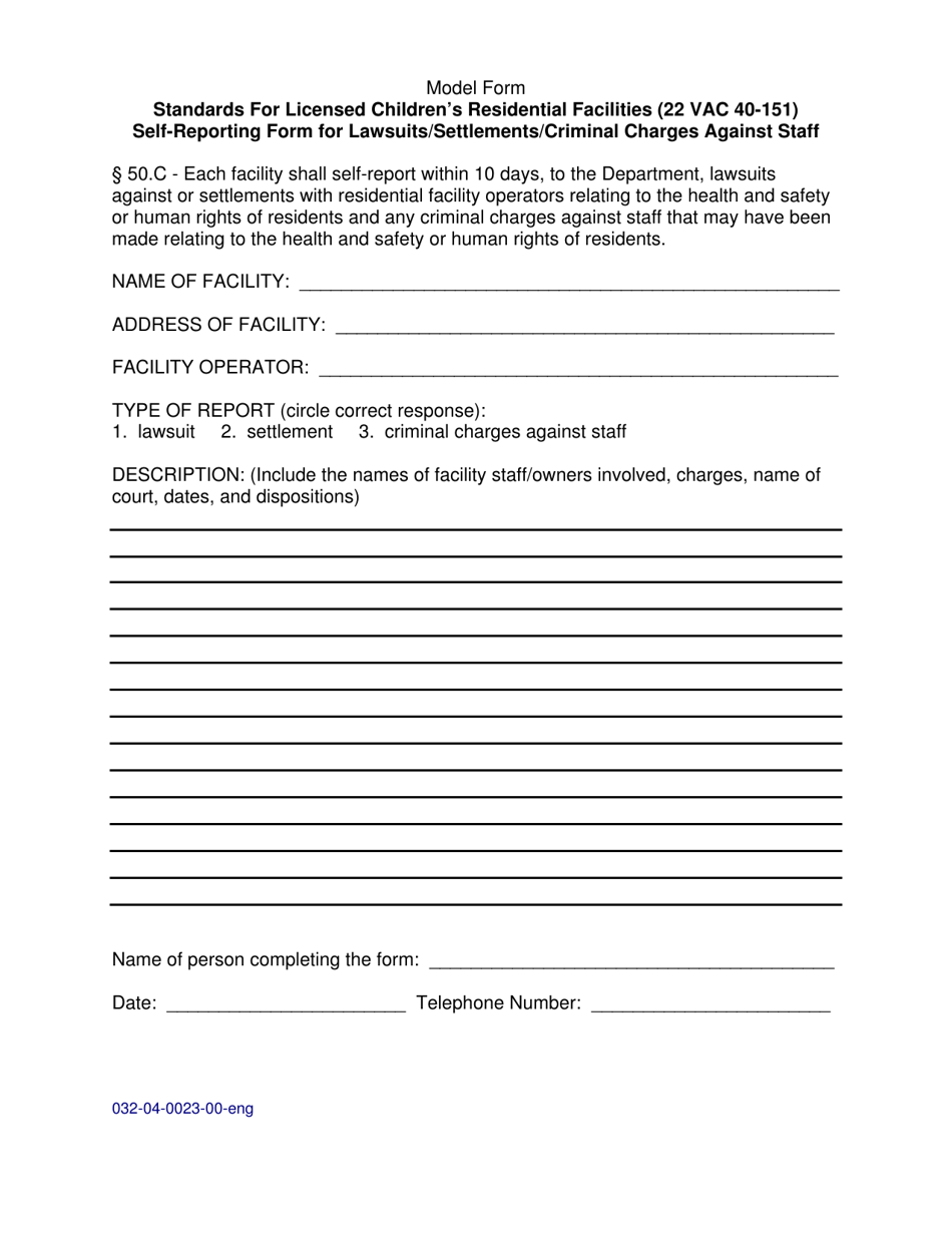 Form 032-04-0023-00-ENG Standards for Licensed Childrens Residential Facilities (22 Vac 40-151) Self-reporting Form for Lawsuits / Settlements / Criminal Charges Against Staff - Virginia, Page 1