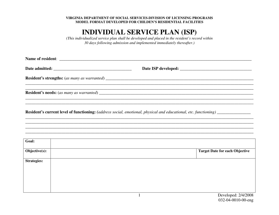 Form 032-04-0010-00-ENG Individual Service Plan (Isp) - Virginia, Page 1