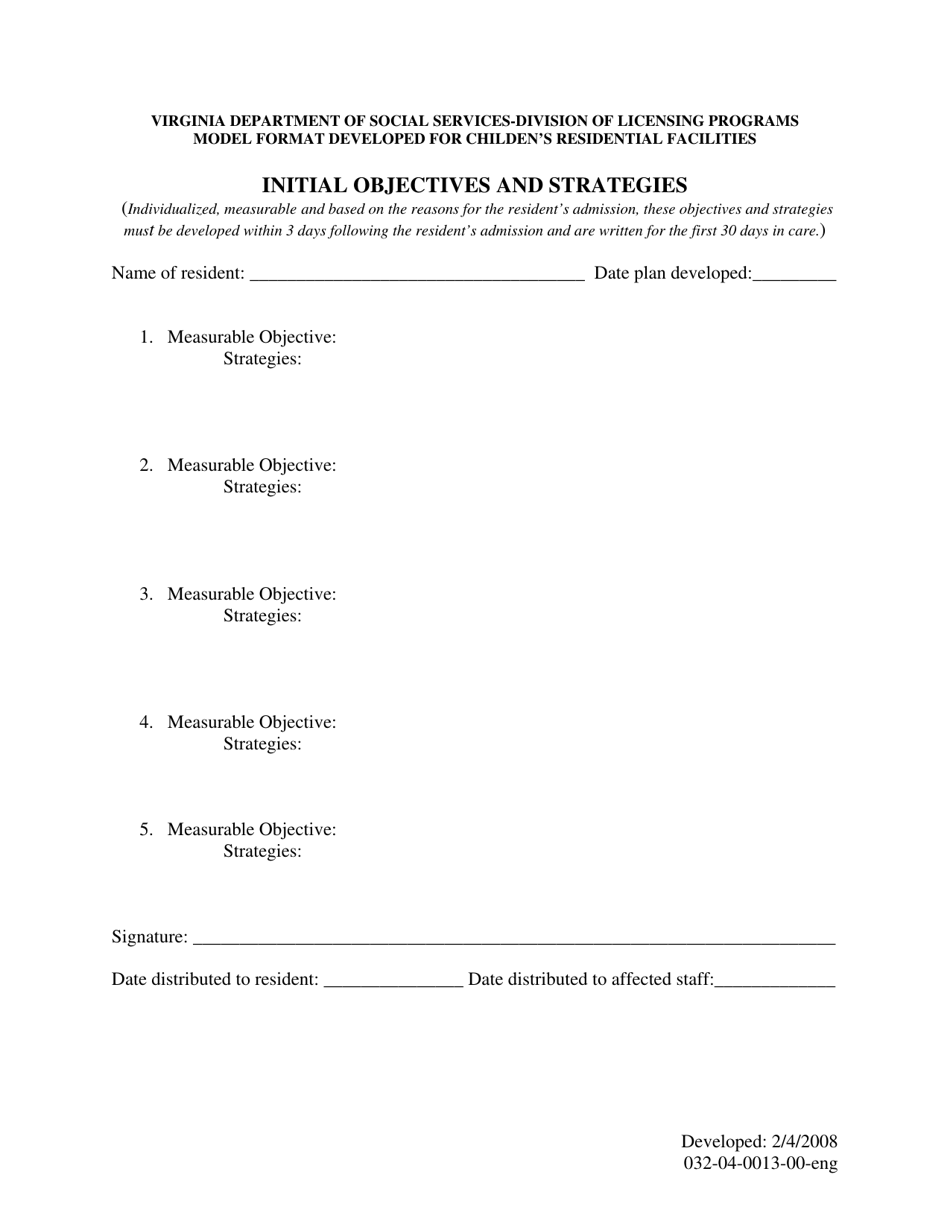 Form 032-04-0013-00-ENG Initial Objectives and Strategies - Virginia, Page 1