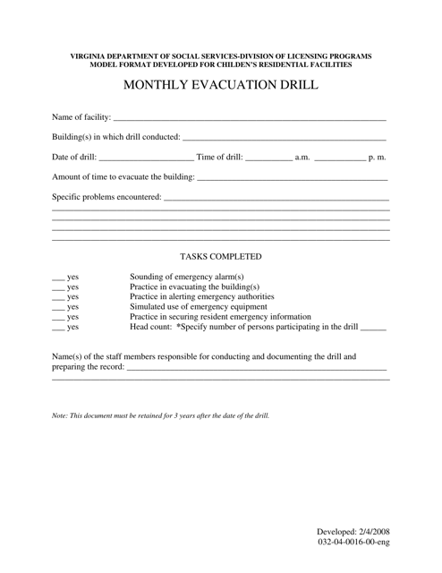 Form 032-04-0016-00-ENG Monthly Evacuation Drill - Virginia