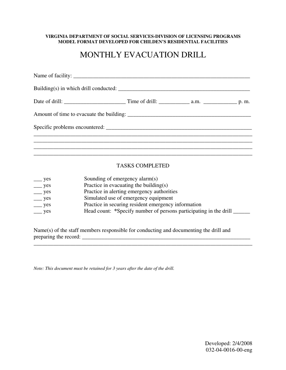 Form 032-04-0016-00-ENG Monthly Evacuation Drill - Virginia, Page 1
