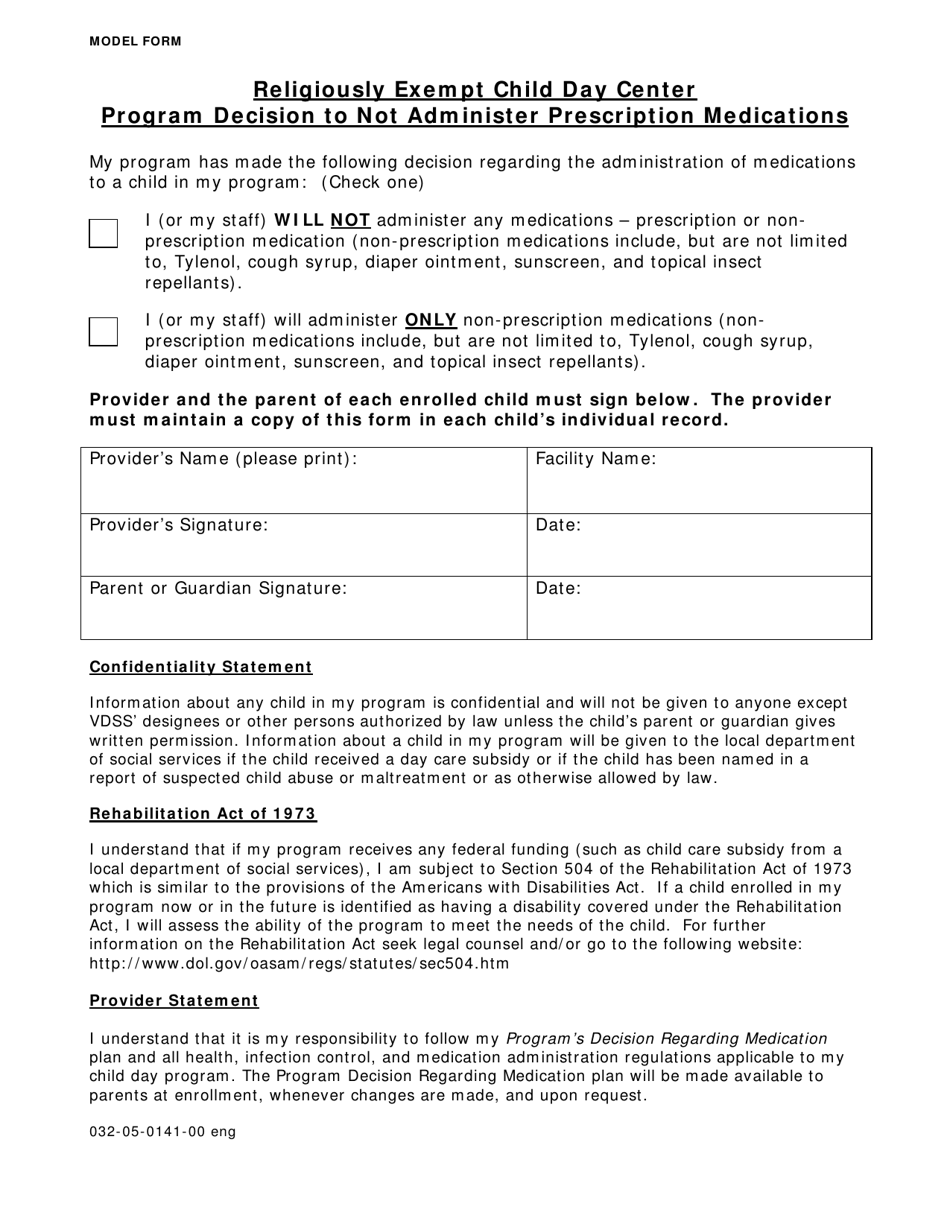 Form 032-05-0141-00 ENG Program Decision Not to Administer Medications - Virginia, Page 1