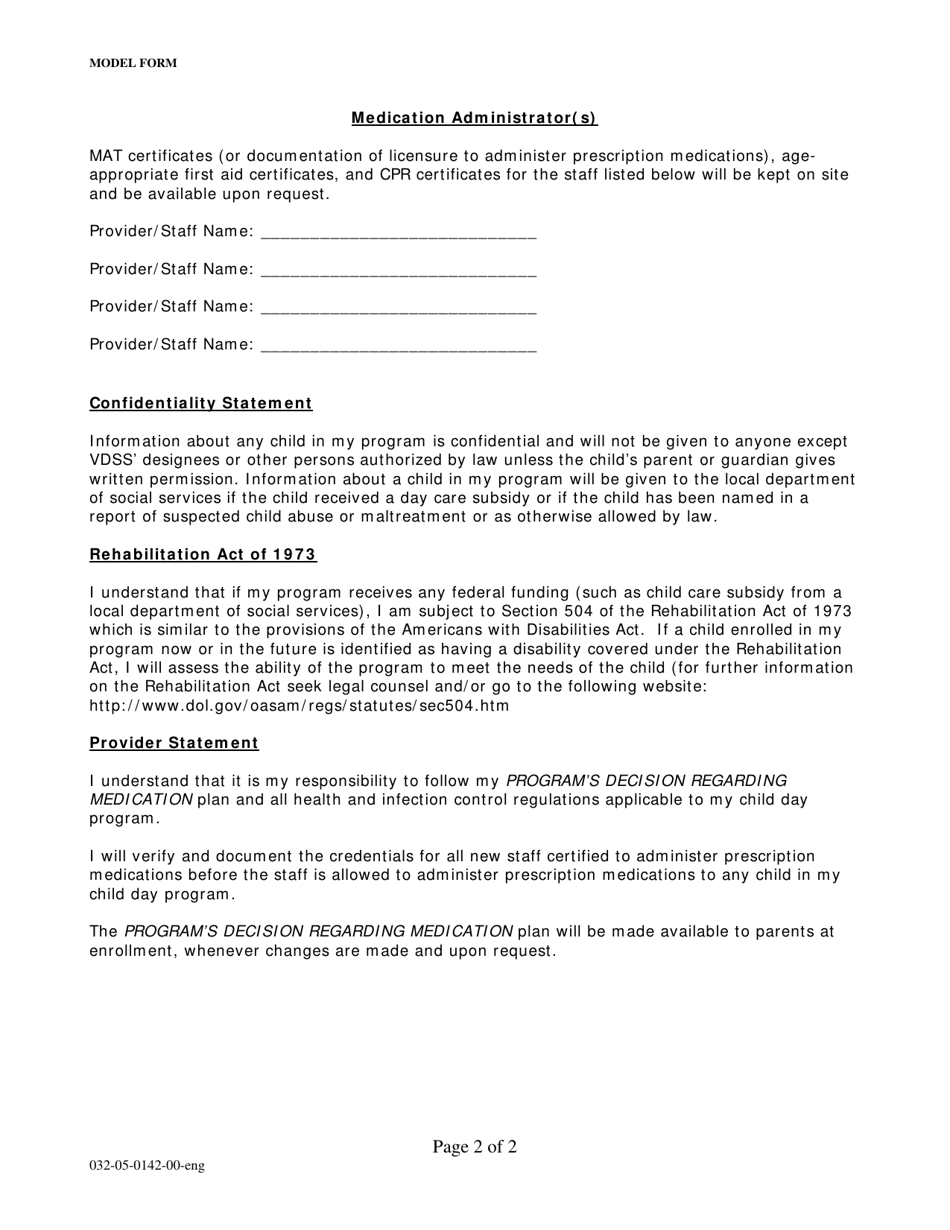 Form 032-05-0142-00-ENG Program Decision on the Administration of Medication - Virginia, Page 2