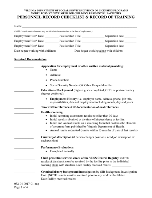 Form 032-04-0017-01-ENG Personnel Record Checklist & Record of Training - Virginia