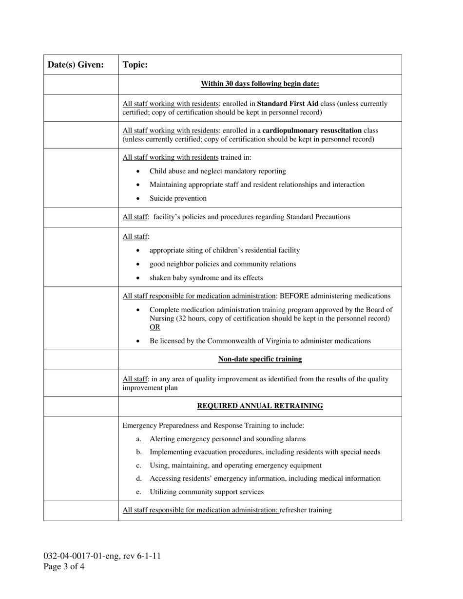 Form 032-04-0017-01-ENG Personnel Record Checklist  Record of Training - Virginia, Page 3
