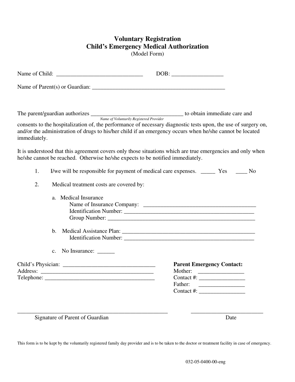 Form 032-05-0400-00-ENG Childs Emergency Medical Authorization - Virginia, Page 1