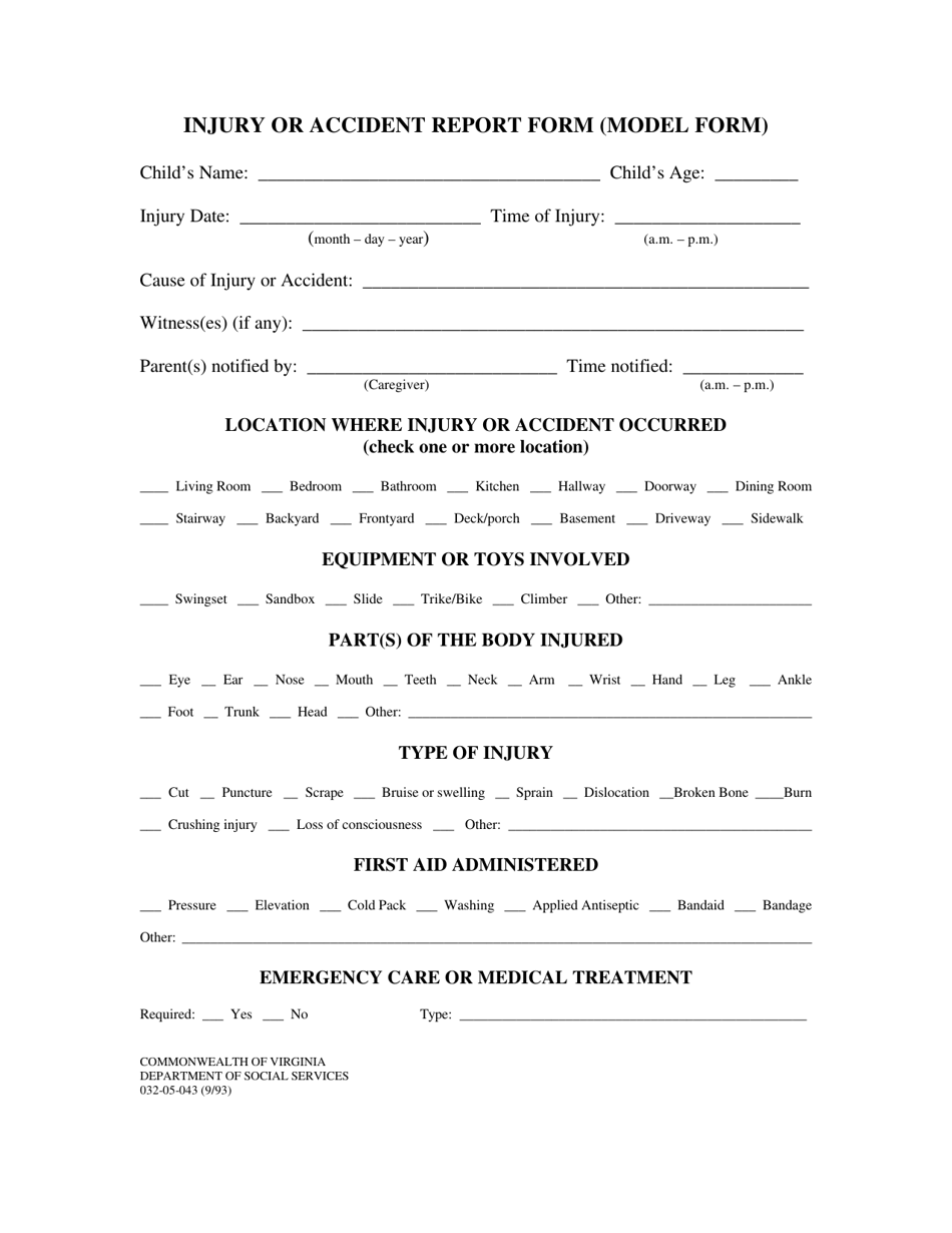 Form 032-05-043 Injury or Accident Report Form (Model Form) - Virginia, Page 1