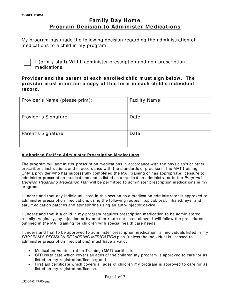 Form 032-05-0147-00-ENG Program Decision to Administer Medications - Virginia, Page 1