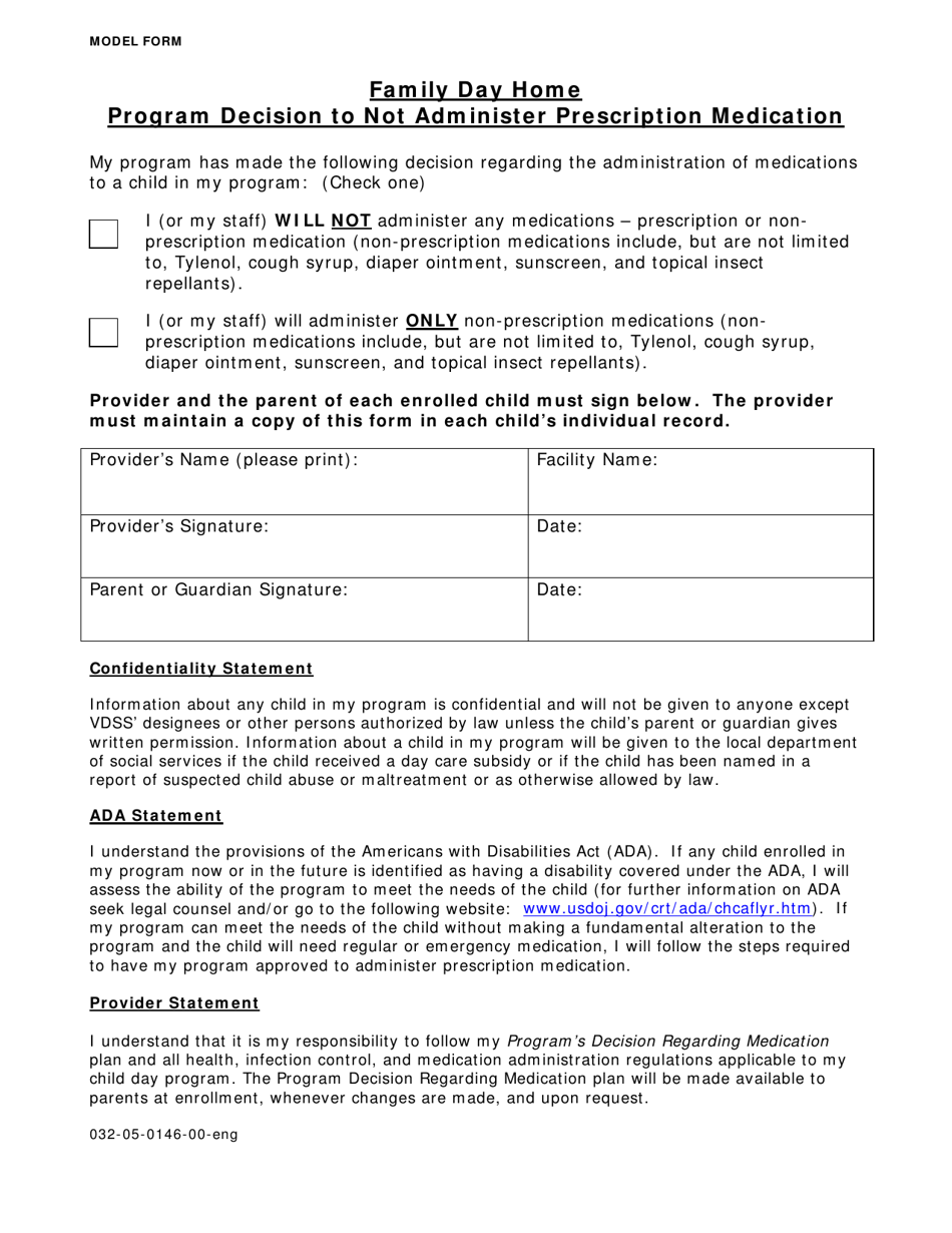 Form 032-05-0146-00-ENG Program Decision to Not Administer Prescription Medication - Virginia, Page 1