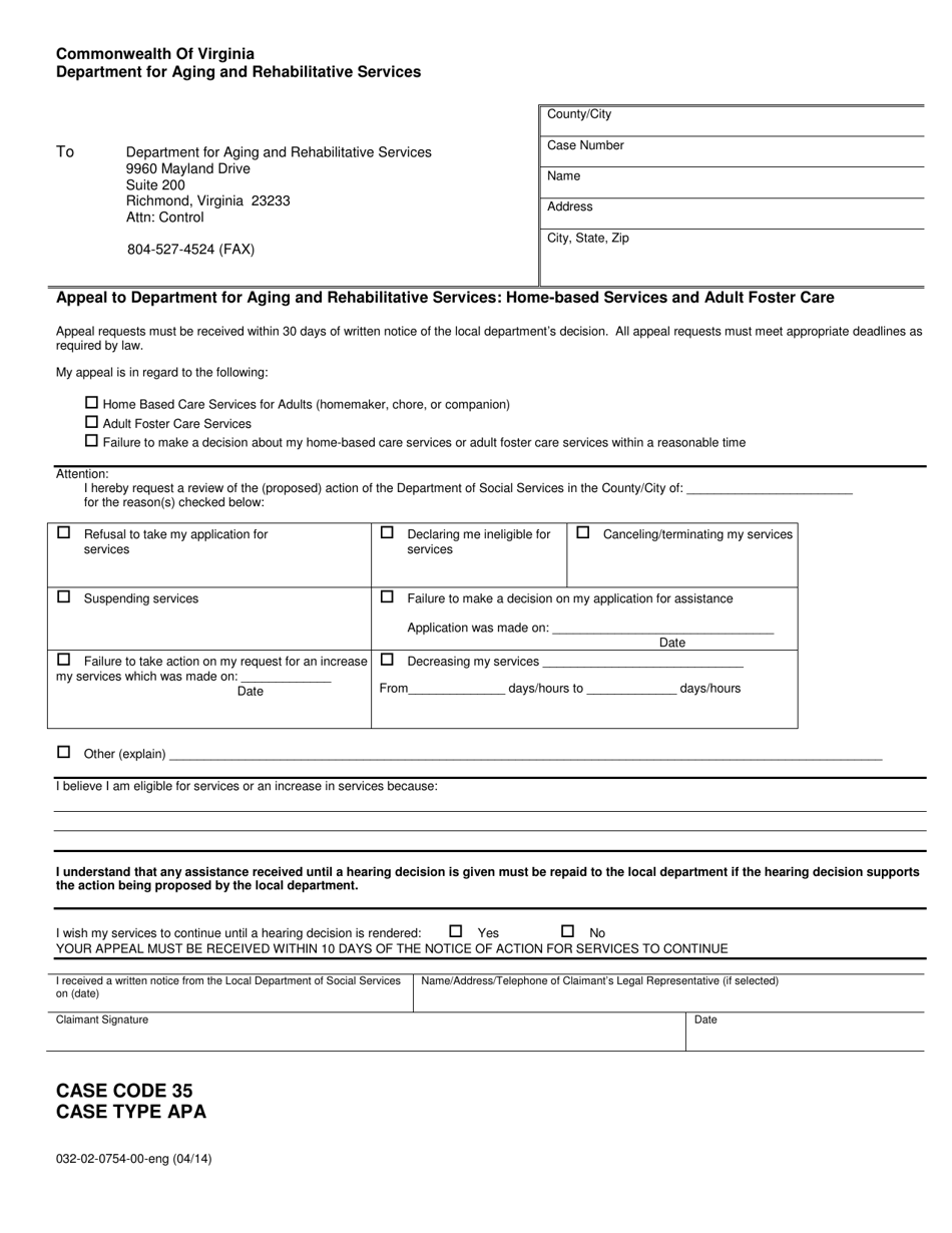 Form 032-02-0754-00-ENG Appeal to Department for Aging and Rehabilitative Services: Home-Based Services and Adult Foster Care - Virginia, Page 1