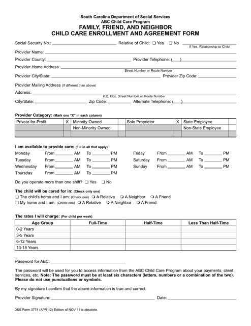 DSS Form 3774 Abc Child Care Program Family, Friend and Neighbor Child Care Enrollment and Agreement Form - South Carolina