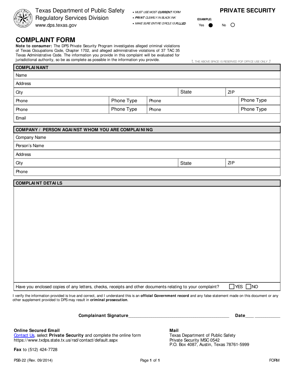 Form PSB-22 Complaint Form - Texas, Page 1