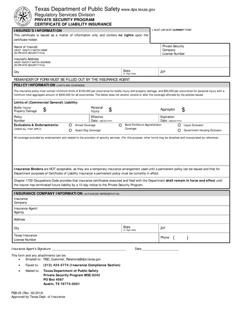 Form PSB-05 Certificate of Liability Insurance - Texas