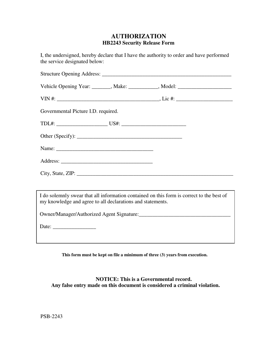 Form PSB-2243 Authorization Hb2243 Security Release Form - Texas, Page 1